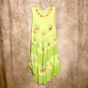 Vintage 90s Hand Painted Tie Dye Dress Green Feather Sleeveless Boho Tropical